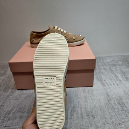 MIUMIU 26S LOW TOP SNEAKERS IN BROWN CANVAS CRYSTAL-EMBELLISHED