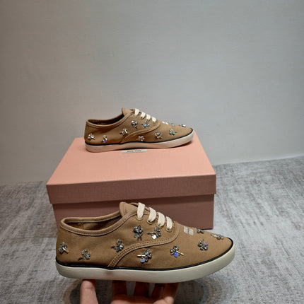 MIUMIU 26S LOW TOP SNEAKERS IN BROWN CANVAS CRYSTAL-EMBELLISHED