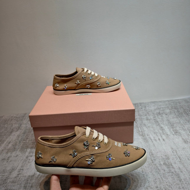 MIUMIU 26S LOW TOP SNEAKERS IN BROWN CANVAS CRYSTAL-EMBELLISHED