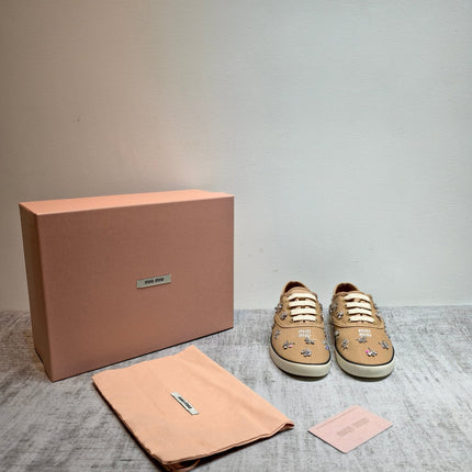 MIUMIU 26S LOW TOP SNEAKERS IN BROWN CANVAS CRYSTAL-EMBELLISHED