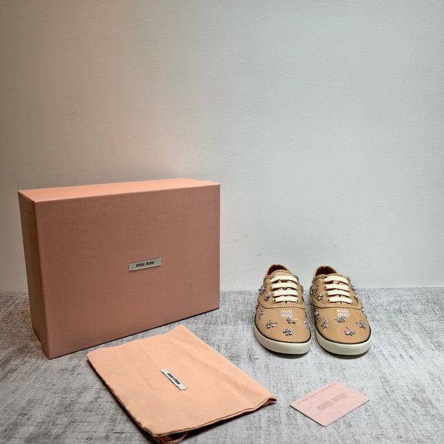 MIUMIU 26S LOW TOP SNEAKERS IN BROWN CANVAS CRYSTAL-EMBELLISHED
