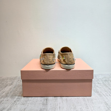 MIUMIU 26S LOW TOP SNEAKERS IN BROWN CANVAS CRYSTAL-EMBELLISHED
