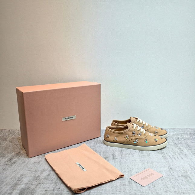 MIUMIU 26S LOW TOP SNEAKERS IN BROWN CANVAS CRYSTAL-EMBELLISHED