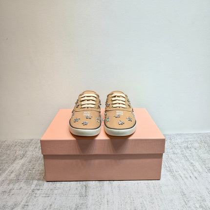 MIUMIU 26S LOW TOP SNEAKERS IN BROWN CANVAS CRYSTAL-EMBELLISHED