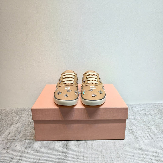 MIUMIU 26S LOW TOP SNEAKERS IN BROWN CANVAS CRYSTAL-EMBELLISHED