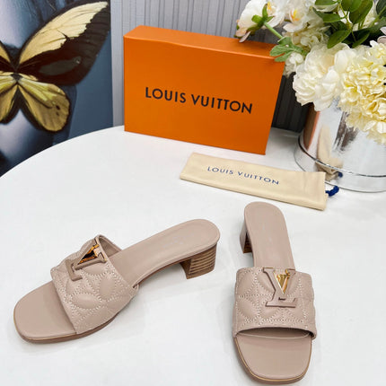 LV 26S MARE HIGH-HEELED MULE SANDALS IN DARK BEIGE CALFSKIN