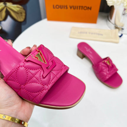 LV 26S MARE HIGH-HEELED MULE SANDALS IN PINK CALFSKIN