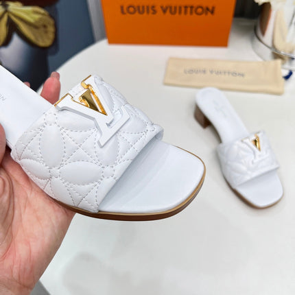 LV 26S MARE HIGH-HEELED MULE SANDALS IN WHITE CALFSKIN