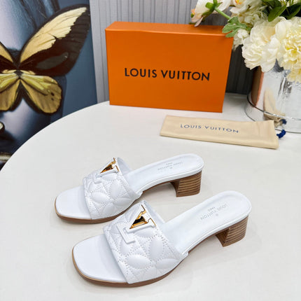 LV 26S MARE HIGH-HEELED MULE SANDALS IN WHITE CALFSKIN