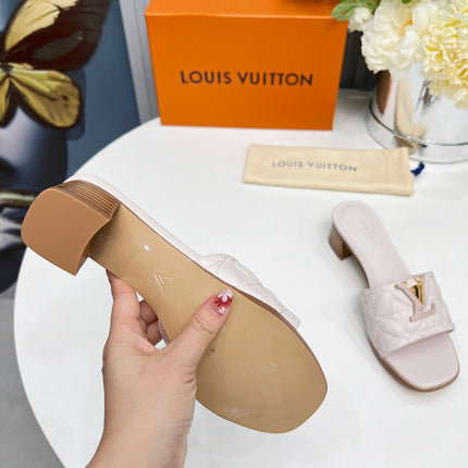LV 26S MARE HIGH-HEELED MULE SANDALS IN ASH BEIGE CALFSKIN