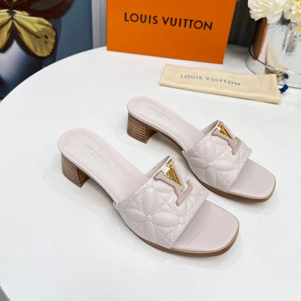 LV 26S MARE HIGH-HEELED MULE SANDALS IN ASH BEIGE CALFSKIN