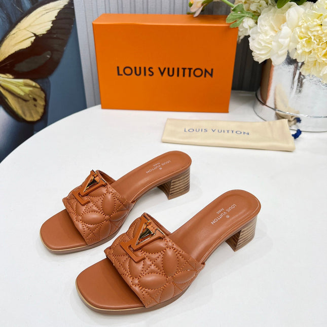 LV 26S MARE HIGH-HEELED MULE SANDALS IN BROWN CALFSKIN