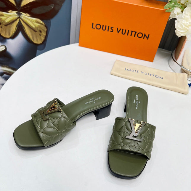 LV 26S MARE HIGH-HEELED MULE SANDALS IN MOSS GREEN CALFSKIN