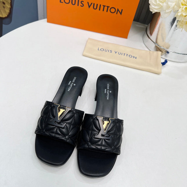 LV 26S MARE HIGH-HEELED MULE SANDALS IN BLACK CALFSKIN