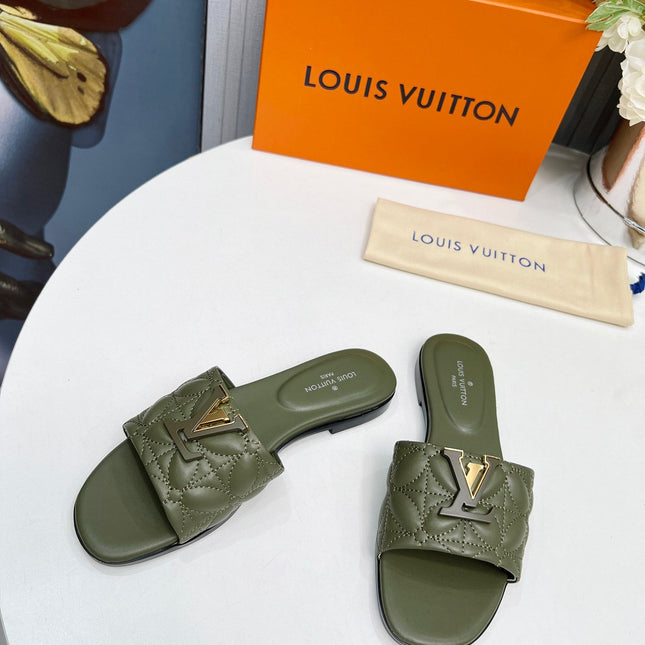 LV 26S MARE FLAT MULES IN MOSS GREEN CALFSKIN