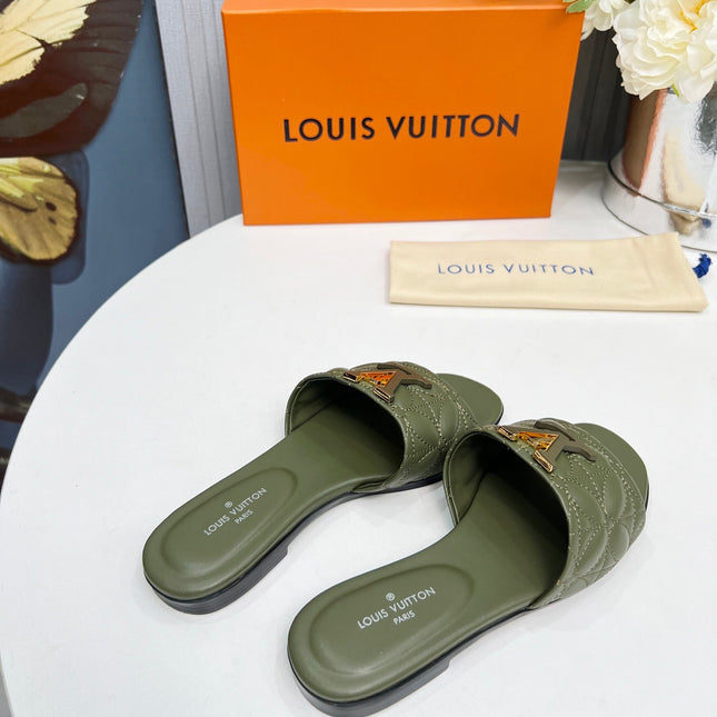 LV 26S MARE FLAT MULES IN MOSS GREEN CALFSKIN