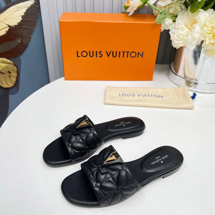 LV 26S MARE FLAT MULES IN BLACK CALFSKIN