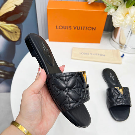 LV 26S MARE FLAT MULES IN BLACK CALFSKIN
