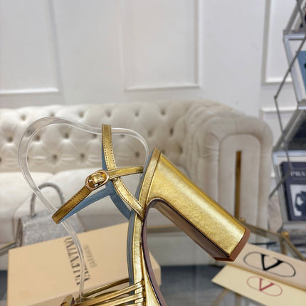 VALENTINO 26S PLATFORM SANDALS 110 MM IN GOLD AND BLUE CALFSKIN