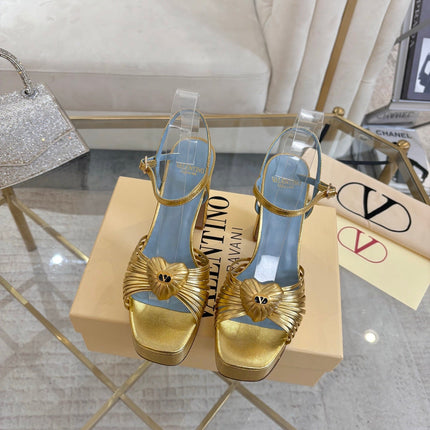VALENTINO 26S PLATFORM SANDALS 110 MM IN GOLD AND BLUE CALFSKIN