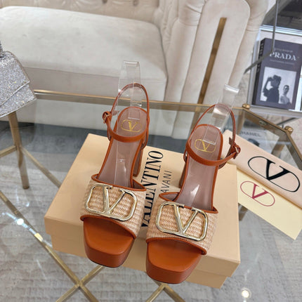 VALENTINO 26S PLATFORM SANDALS 110 MM IN BROWN CALFSKIN AND BEIGE RAFFIA