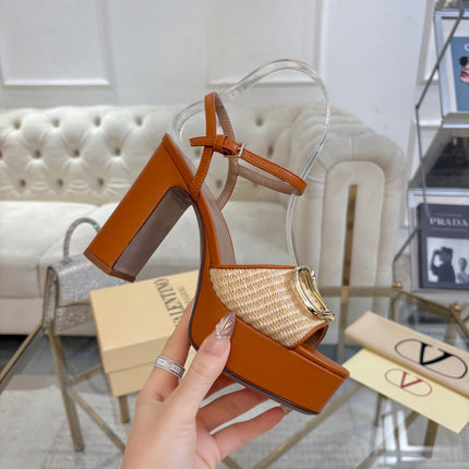 VALENTINO 26S PLATFORM SANDALS 110 MM IN BROWN CALFSKIN AND BEIGE RAFFIA