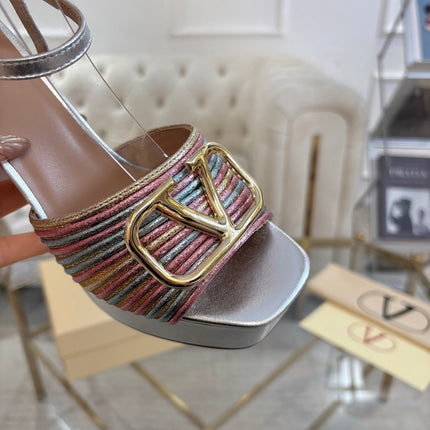 VALENTINO 26S PLATFORM SANDALS 110 MM IN SILVER CALFSKIN WITH GOLD HARDWARE