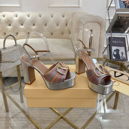 VALENTINO 26S PLATFORM SANDALS 110 MM IN SILVER CALFSKIN WITH GOLD HARDWARE