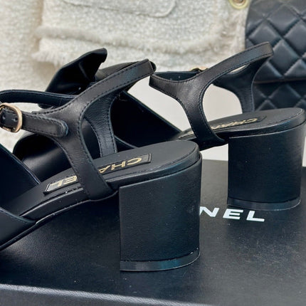 Double CC Big Bow High Sandal Sheepskin Black