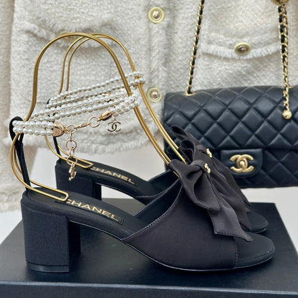 Double C Big Bow Pearl Chain High Sandals Black Lambskin