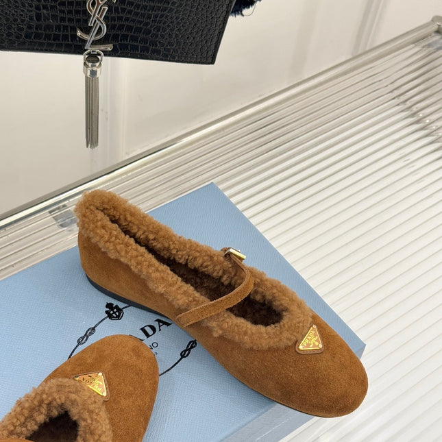 PRADA 25S MARY JANE FLATS IN BROWN SUEDE WITH GOLD HARDWARE
