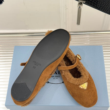 PRADA 25S MARY JANE FLATS IN BROWN SUEDE WITH GOLD HARDWARE