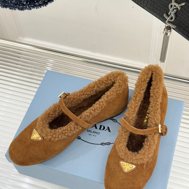 PRADA 25S MARY JANE FLATS IN BROWN SUEDE WITH GOLD HARDWARE