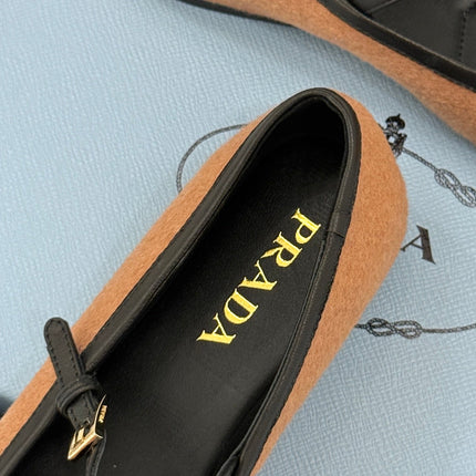 PRADA 26S MARY JANE  FLATS IN CAMEL BROWN FELTED FABRIC