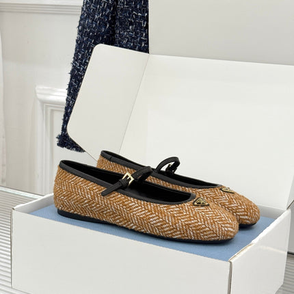 PRADA 26S MARY JANE  FLATS IN COGNAC BROWN TWEED