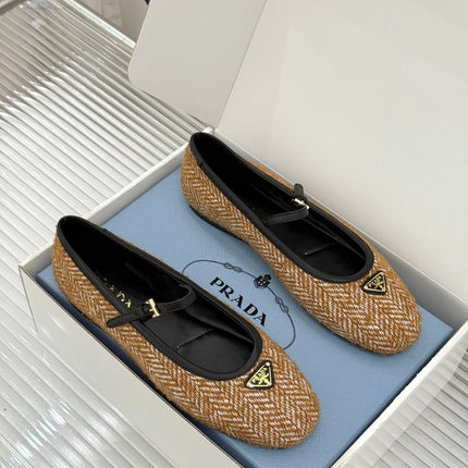 PRADA 26S MARY JANE  FLATS IN COGNAC BROWN TWEED