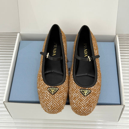 PRADA 26S MARY JANE  FLATS IN COGNAC BROWN TWEED