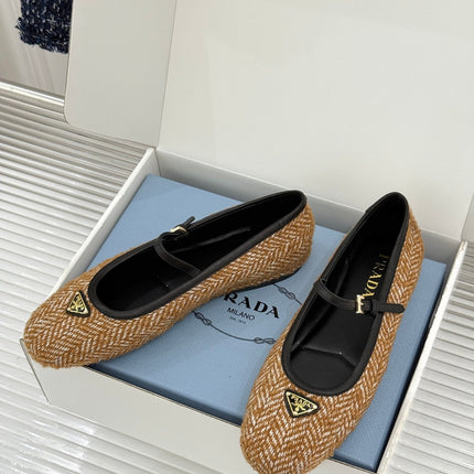 PRADA 26S MARY JANE  FLATS IN COGNAC BROWN TWEED