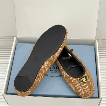 PRADA 26S MARY JANE  FLATS IN COGNAC BROWN TWEED