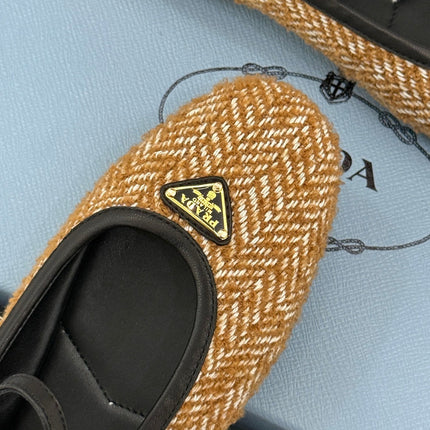 PRADA 26S MARY JANE  FLATS IN COGNAC BROWN TWEED