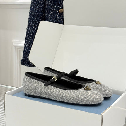 PRADA 26S MARY JANE  FLATS IN LIGHT GREY TWEED