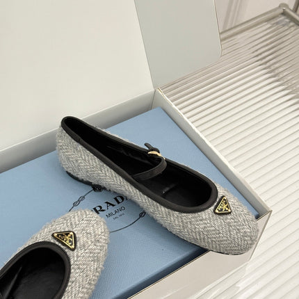 PRADA 26S MARY JANE  FLATS IN LIGHT GREY TWEED