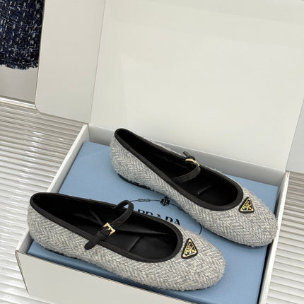 PRADA 26S MARY JANE  FLATS IN LIGHT GREY TWEED