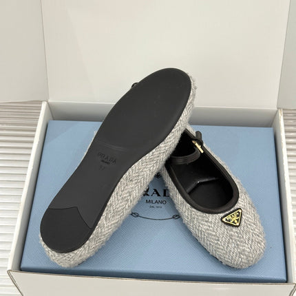 PRADA 26S MARY JANE  FLATS IN LIGHT GREY TWEED