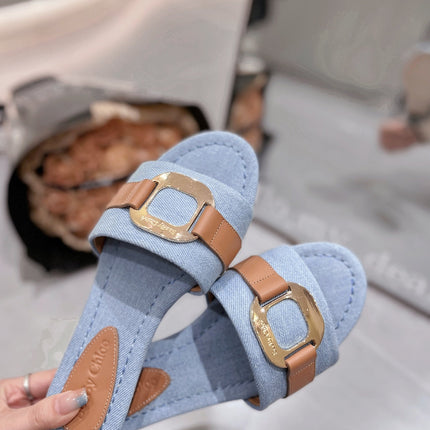 SLIDE MULE IN LIGHT BLUE DENIM AND BROWN CALFSKIN GOLD HARDWARE