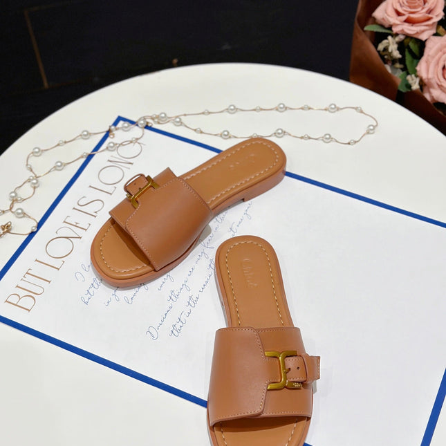 MARCIE SLIDE IN BRONZE BROWN CALFSKIN WITH GOLD HARDWARE
