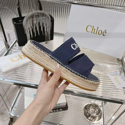 MILA PLATFORM 5 CM IN NAVY BLUE FABRIC AND BEIGE RAFFIA