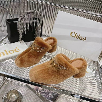 CHLOÉ 26S HIGH-HEELED MULES IN BROWN WOOL
