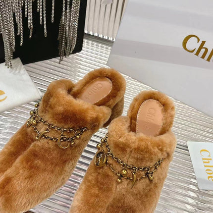 CHLOÉ 26S HIGH-HEELED MULES IN BROWN WOOL
