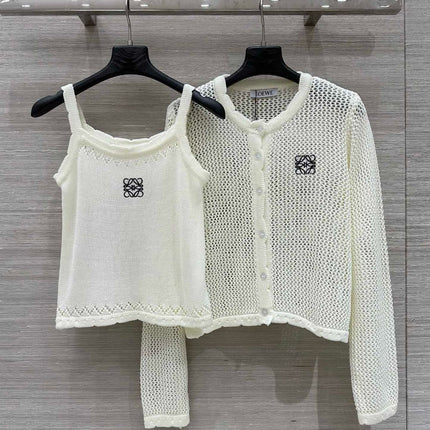 Loewe 25 Mesh Hollow Knitted Cardigan Ivory Wool
